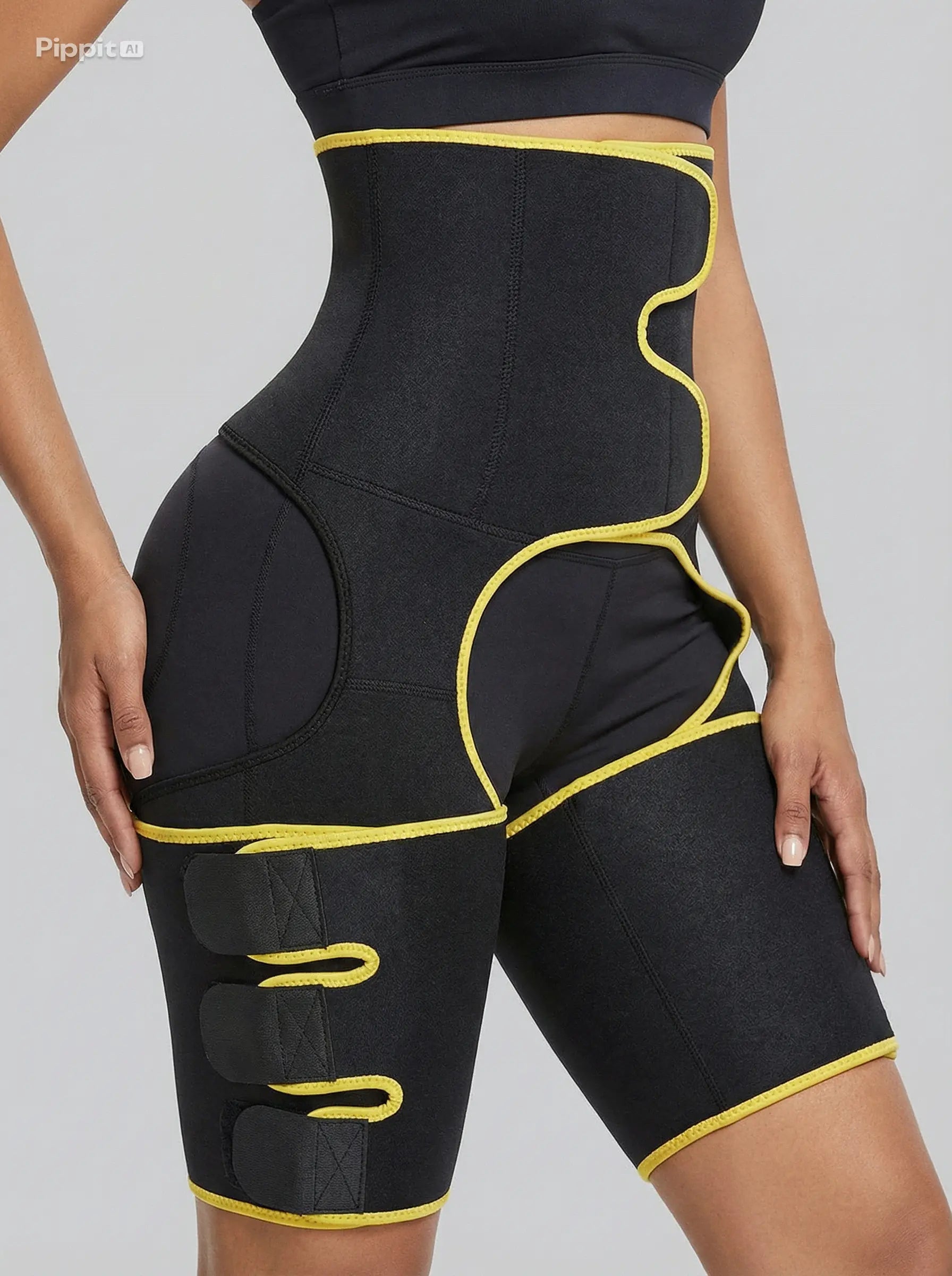 Black compression shorts with yellow accents worn by a person on a gray background