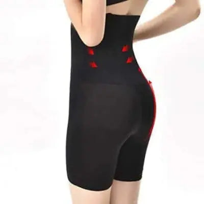 Black shapewear with red accents worn by a person on a white background